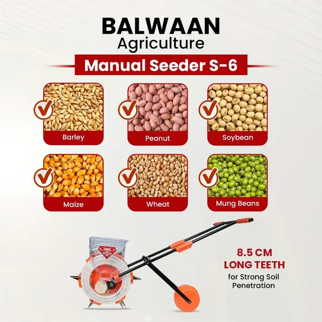 Balwaan Krishi Balwaan S-6 6-Tooth Hand Push Precision Manual Seeder with 8.5cm Adjustable Sowing Depth & 8-Size Roller Set - MTAK-MA-HA-6937