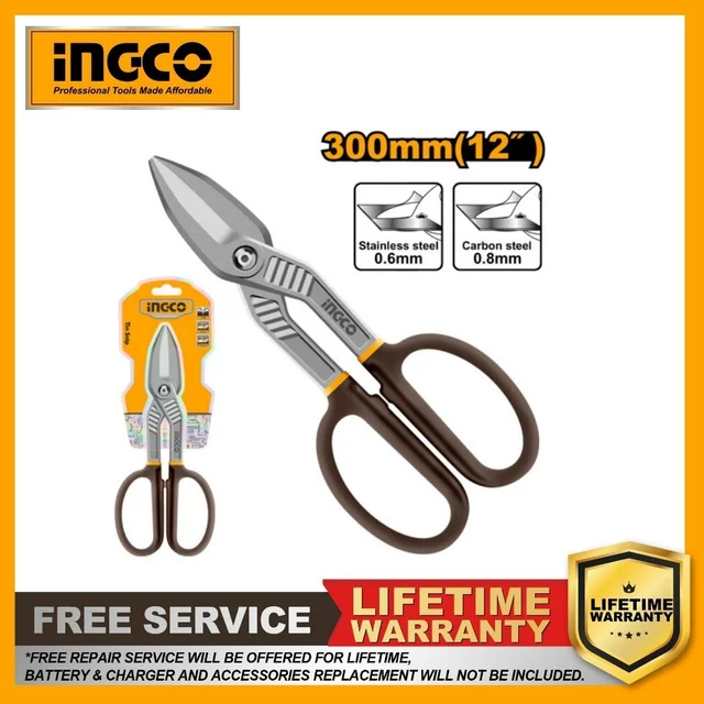 INGCO HTS0412 12 Inch Tin Snips | 300mm | 0.8mm Carbon Steel & 0.6mm Stainless Steel Cutting | Drop-Forged Steel