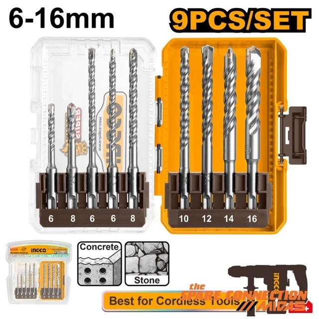 INGCO AKDL30906 9-Piece SDS Plus Hammer Drill Bit Set | 6-16mm Concrete & Masonry Drill Bits | 110-160mm Lengths | Heavy-Duty Rotary Hammer Accessories