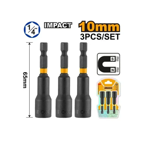 INGCO AMN1031 10mm Impact Magnetic Nut Setter Set | 3-Piece | 1/4" Hex Shank | 65mm | Strong Magnet