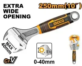 INGCO HADW131108 10 Inch Adjustable Wrench | 250mm | 40mm Extra Wide Opening | Cr-V Steel | 35mm Jaw