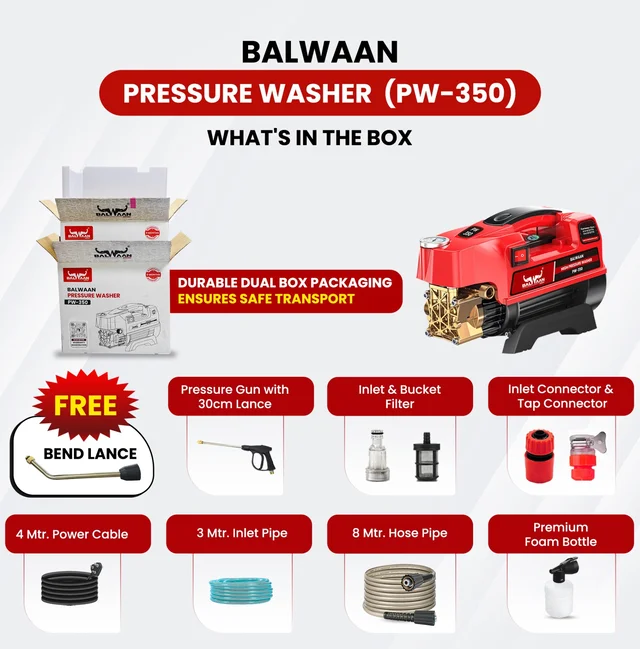 Balwaan Krishi Balwaan PW-350 Pressure Washer 1800W Electric Motor with Brass Pump, Straight & Bend Lances, Foam Bottle, 26 Feet High-Pressure Pipe, 10 Feet Suction Pipe & 4m Power Cord - MTAK-EL-PR-6035
