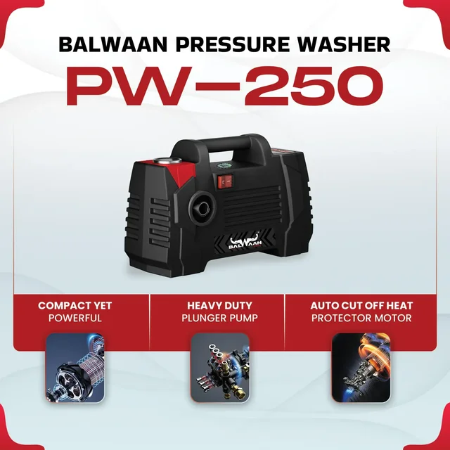 Balwaan Krishi Balwaan PW-250 Lightweight Pressure Washer 1800W Electric Motor with Straight Lance, Foam Bottle, 26 Feet High-Pressure Pipe, 10 Feet Suction Pipe & 4m Power Cord - MTAK-EL-PR-6034