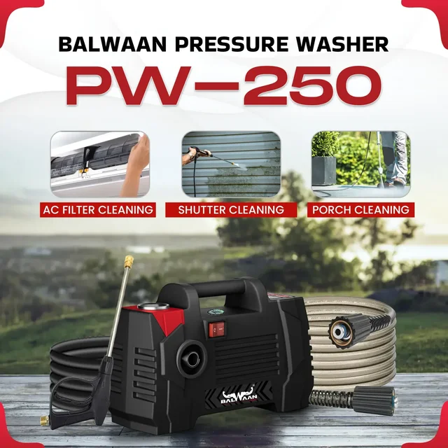 Balwaan Krishi Balwaan PW-250 Lightweight Pressure Washer 1800W Electric Motor with Straight Lance, Foam Bottle, 26 Feet High-Pressure Pipe, 10 Feet Suction Pipe & 4m Power Cord - MTAK-EL-PR-6034