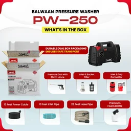 Balwaan Krishi Balwaan PW-250 Lightweight Pressure Washer 1800W Electric Motor with Straight Lance, Foam Bottle, 26 Feet High-Pressure Pipe, 10 Feet Suction Pipe & 4m Power Cord - MTAK-EL-PR-6034