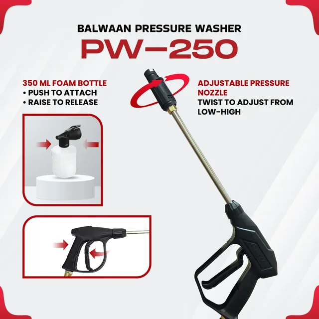 Balwaan Krishi Balwaan PW-250 Lightweight Pressure Washer 1800W Electric Motor with Straight Lance, Foam Bottle, 26 Feet High-Pressure Pipe, 10 Feet Suction Pipe & 4m Power Cord - MTAK-EL-PR-6034