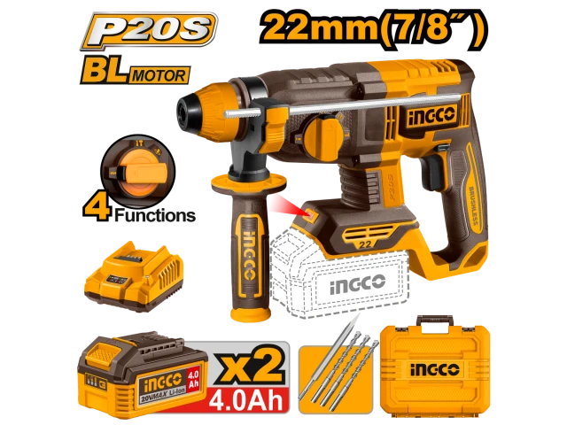 INGCO CRHLI212282 20V Brushless Cordless SDS-Plus Rotary Hammer | 2.0J Impact Energy | 5400 BPM | 22mm Concrete Capacity | 1100 RPM