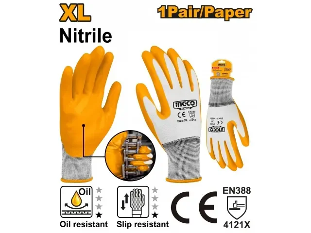 INGCO HGNG64 Nitrile Coated Gloves | XL | Oil Resistant Work Gloves | Smooth & Rough Palm Finish