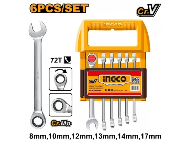 INGCO HKSPAR2062 6-Piece Ratchet Spanner Set | 8-17mm | CR-V Drop-Forged Steel | Fine Polished