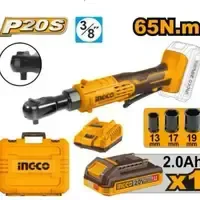 INGCO CDRLI20652 20V Cordless Ratchet Wrench | 65Nm Max Torque | 3/8" Square Drive | 350 RPM | 2 x 2.0Ah Batteries | 3 Sockets & Charger