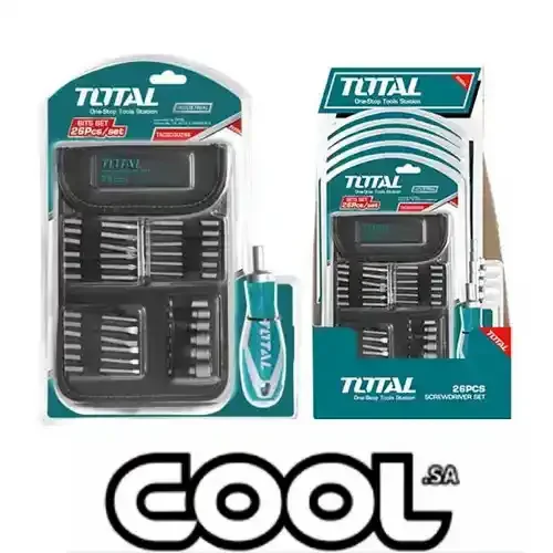 Total Tools TOTAL TOOLS 26-Piece Ratchet Screwdriver and Bit Set (Cr-V Steel) with Ratchet Holder, 18 Bits, and 6 Power Sleeves - TACSD30266