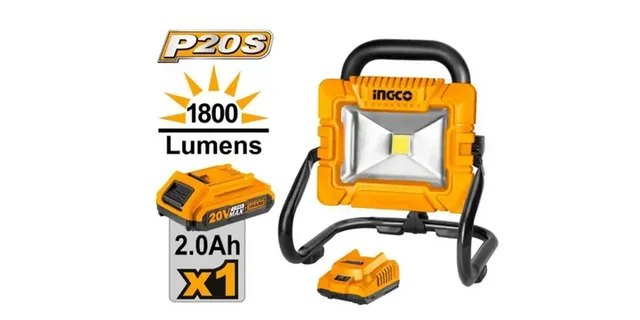 INGCO CWLI20258 20V Cordless LED Work Light | 20W LED | 1800 Lumens High / 900 Lumens Low | 2.0Ah Battery & Charger