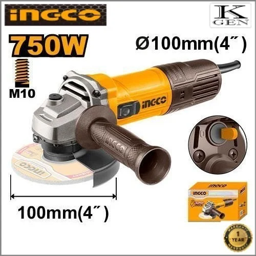 INGCO INGCO AG750282 750W Angle Grinder | 12000 RPM | 100mm Disc | M10 Spindle Thread | Auxiliary Handle | Electric Metal Grinder
