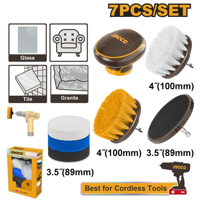 INGCO WCB0701 1/4" Hex Shank Drill Brush Cleaning Kit | 7-Piece Power Scrubber Brush Set | Soft, Medium & Hard Bristles with Scrub Pads