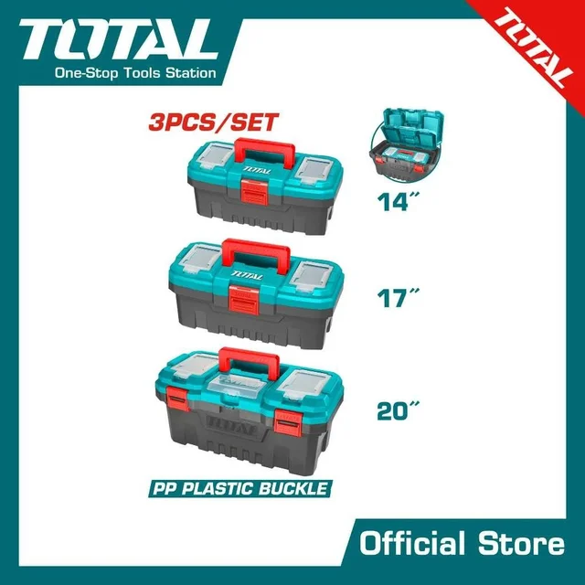 Total Tools TOTAL TOOLS 3-Piece Plastic Tool Box Set (14", 17", and 20") in Polypropylene (PP) with PP Plastic Buckles, High-Strength Handles, 3 Upper Cover Storage Areas, Scale Function, and 1 Plastic Tray with Label Packaging - TPBXK0031