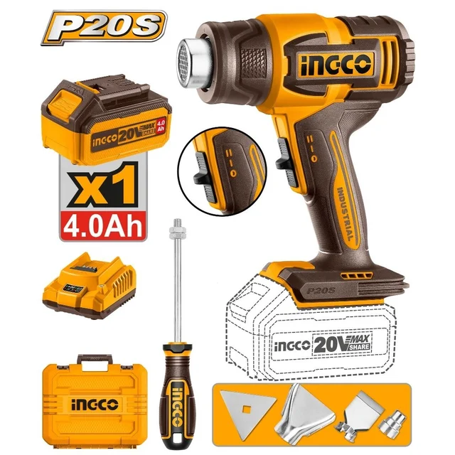 INGCO HGLI20085 20V Cordless Heat Gun | 300/580�C Dual Temperature | 100/200 L/min Airflow | 2 x 4.0Ah Batteries & 4A Charger | 4 Nozzles