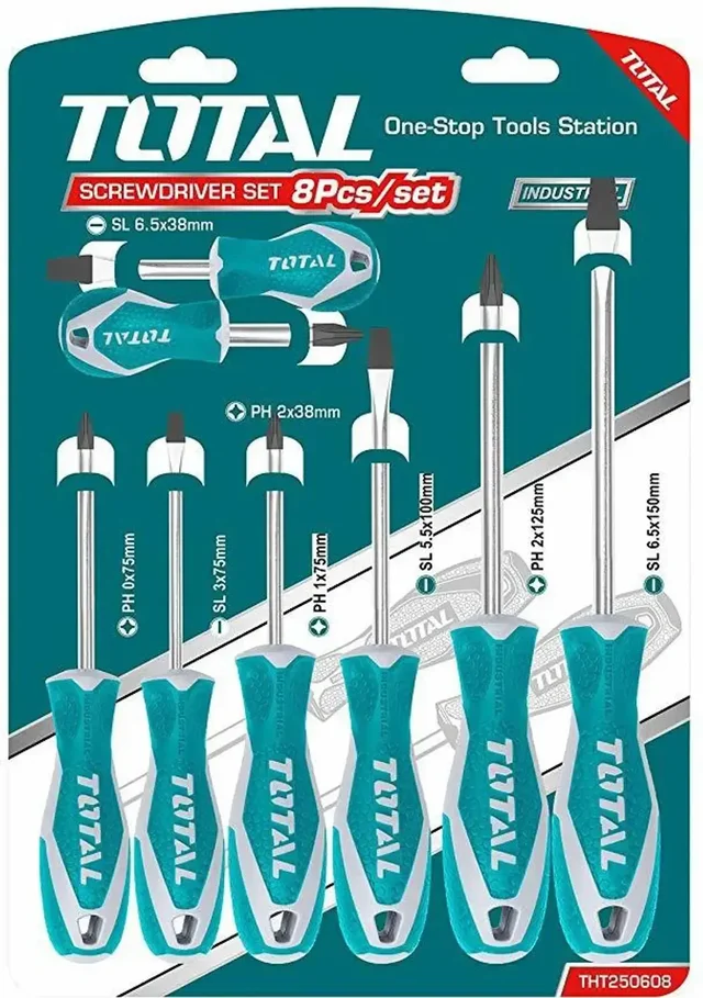 Total Tools TOTAL TOOLS 8-Piece Cr-V Screwdriver Set with Round Blades and New-Design Handles (Slotted and Phillips) - THT250608