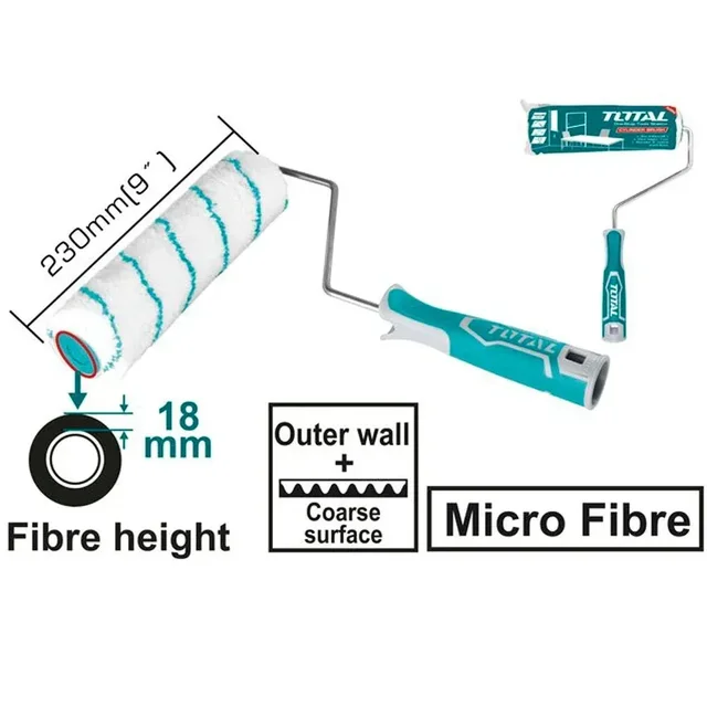 Total Tools TOTAL TOOLS Outer Wall Roller Cylinder Brush 9 Inch (230mm), Acrylic Fibre, 18mm Fibre Height, 8mm Central Shank, 1 Roller Cover with 4 Assistant Shanks - THT8593