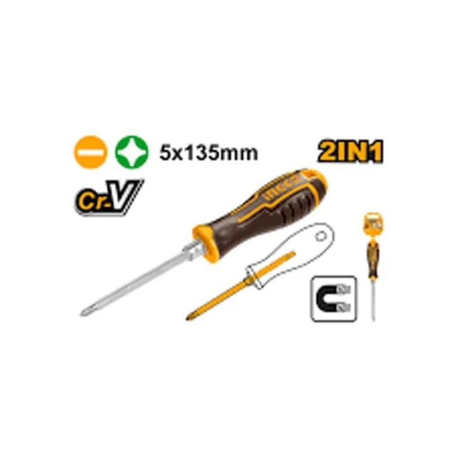 INGCO AKISD0203 2-in-1 Screwdriver | PH1 & SL5 | 5x135mm CR-V Shank | Interchangeable Handle