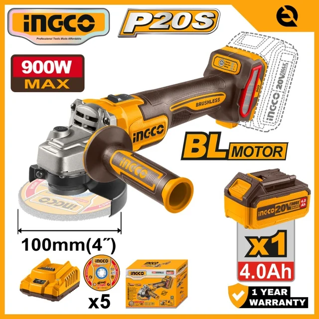 INGCO CAGLI261021 20V Brushless Cordless Angle Grinder | 900W Max Input Power | 100mm Disc | 3000/6000/9000 RPM | 4.0Ah Battery | 10 Metal Cutting Discs