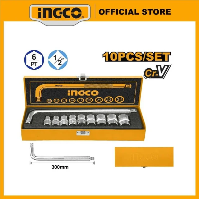 INGCO HKTS12101 10-Piece 1/2" Socket Set | Cr-V Steel | 10-24mm Sockets | 300mm L Bar | Metal Box