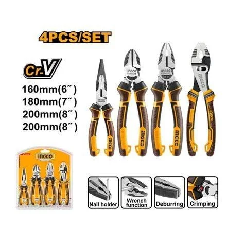 INGCO HKPS28468 4-Piece High Leverage Pliers Set | 8" Combination, 7" Diagonal & 6" Long Nose Pliers | 30% Less Effort