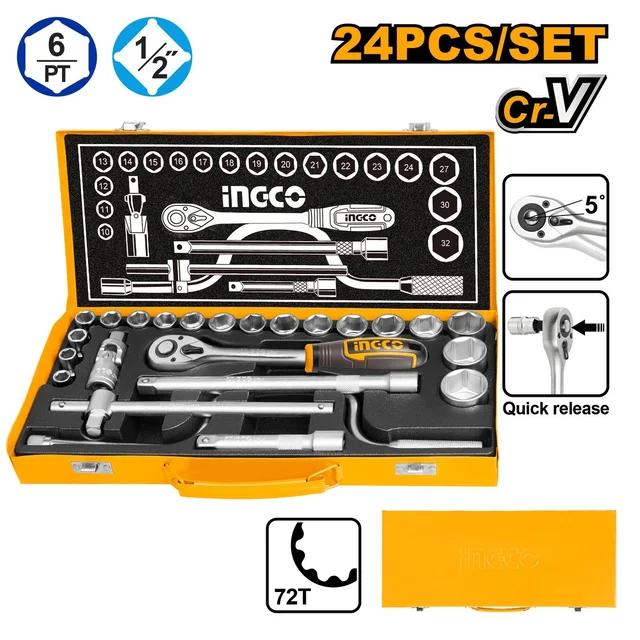 INGCO HKTS0243 24-Piece 1/2" Socket Set | 10-32mm Cr-V Sockets | Ratchet, T-Bar, Extensions & Universal Joint
