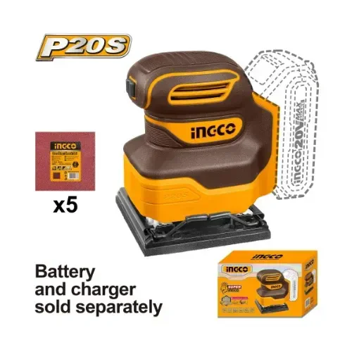 INGCO CSHSLI2014 20V Cordless Sheet Sander | 12000 RPM | 110 x 100mm Sanding Base | 5 Sandpapers | Portable Electric Sander