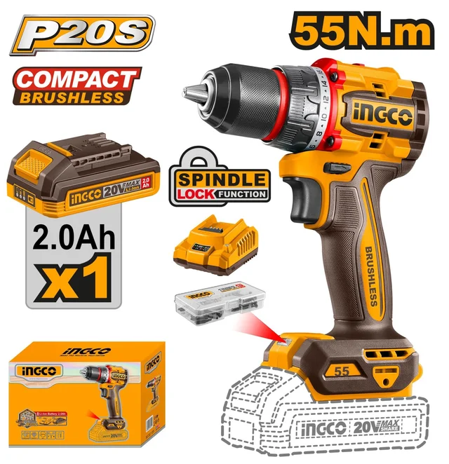 INGCO CDLI205582 20V Brushless Cordless Drill Driver Kit | 55Nm Max Torque | 2-Speed 0-500/0-2000 RPM | 13mm Metal Chuck | 147-Piece Accessory Set