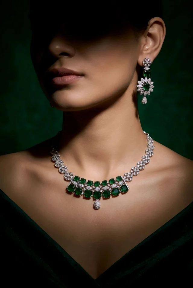 #AD01 American Diamond Necklace Set - Green