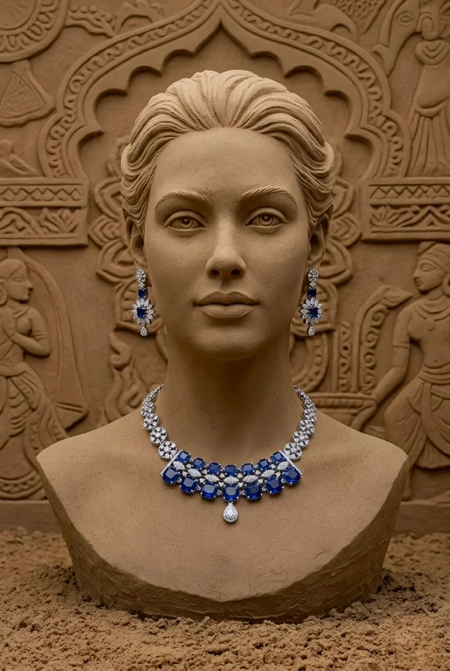 #AD01 American Diamond Necklace Set - Blue
