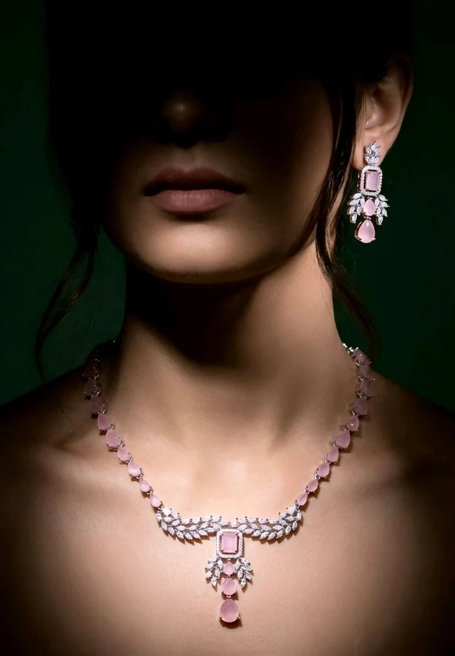 #AD02 American Diamonds Necklace Set - Pink