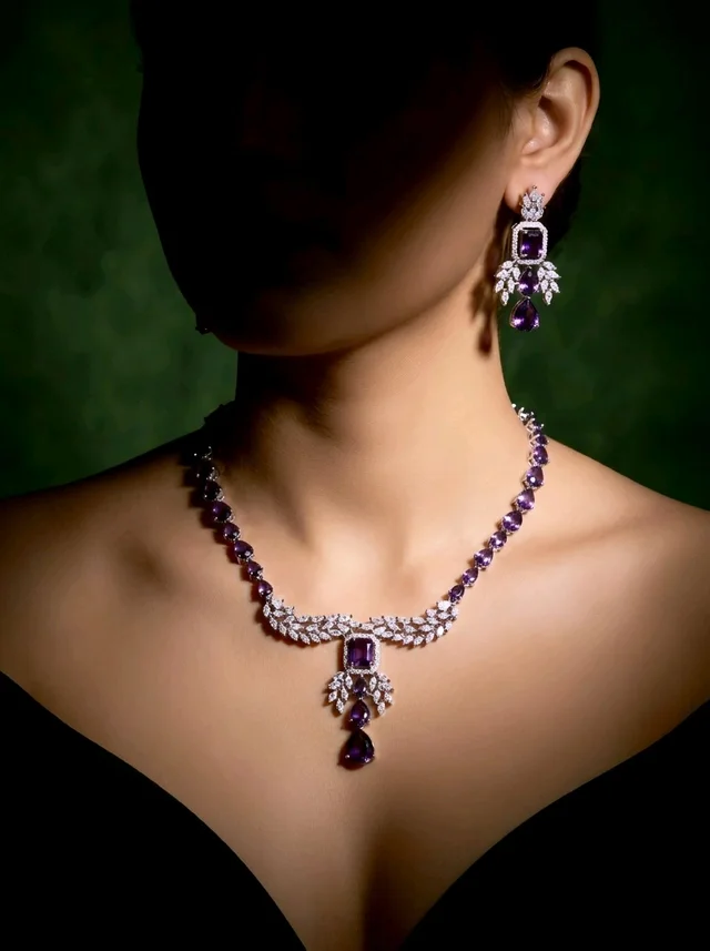 #AD02 American Diamonds Necklace Set - Violet