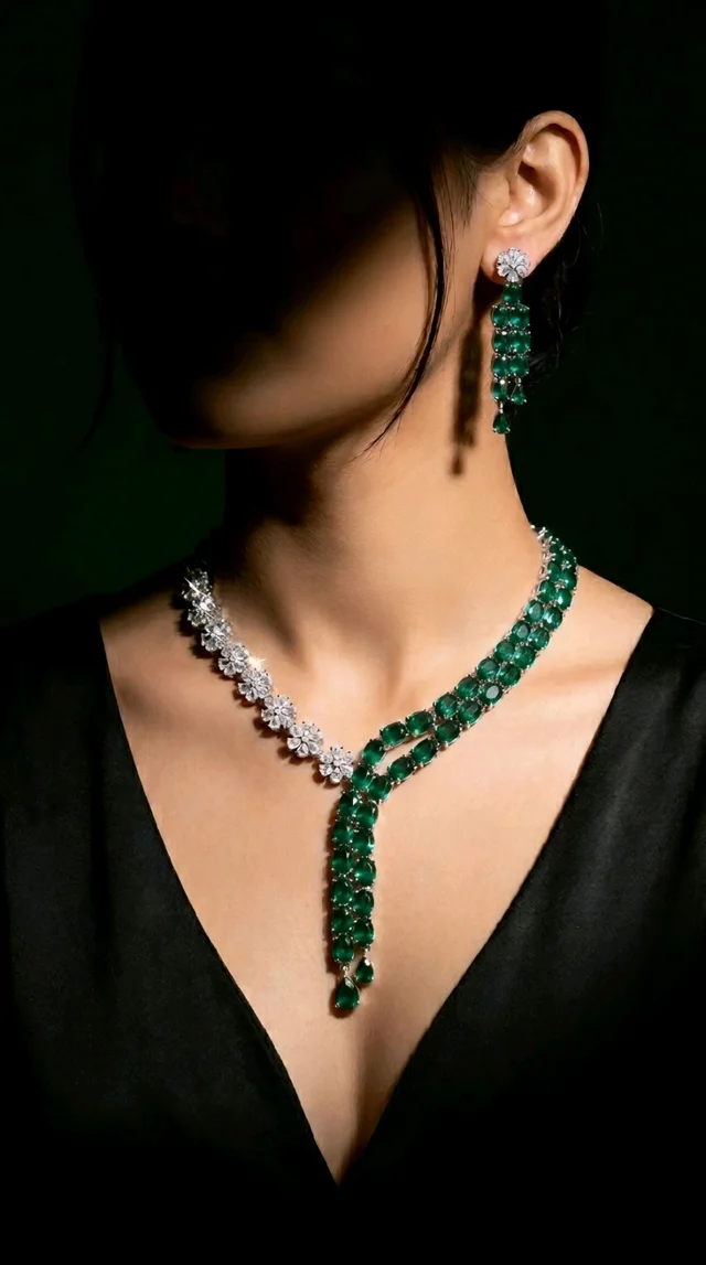 #AD03 American Diamonds Necklace Set - Green
