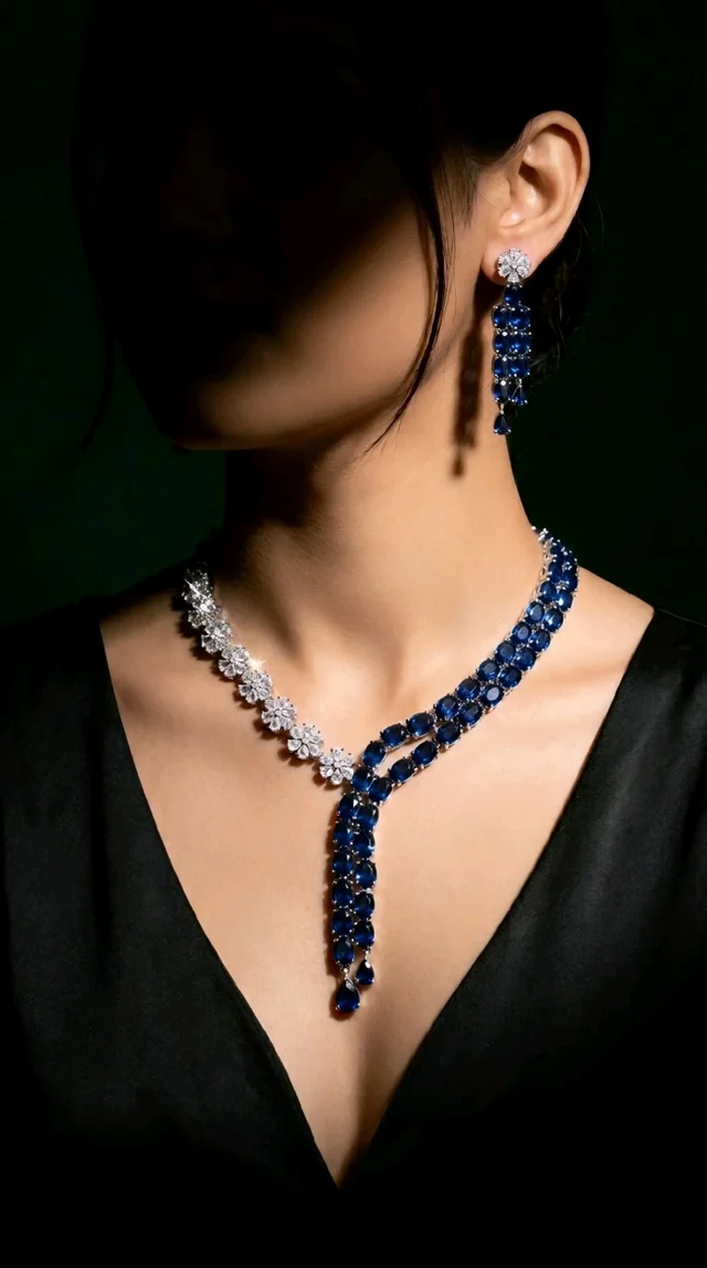 #AD03 American Diamonds Necklace Set - Blue
