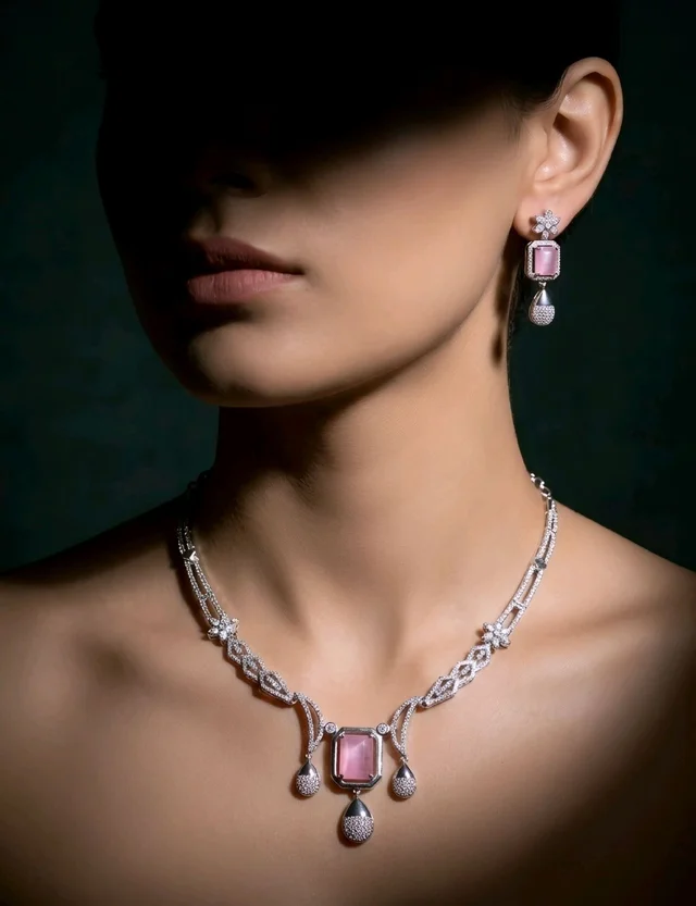 #AD04 American Diamonds Necklace Set - Pink