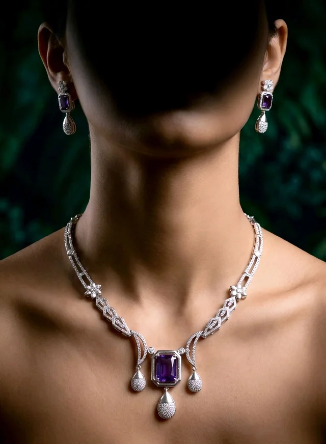 #AD04 American Diamonds Necklace Set - Violet
