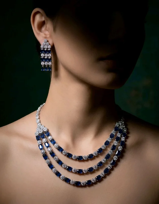 #AD05 American Diamonds Necklace Set - Blue