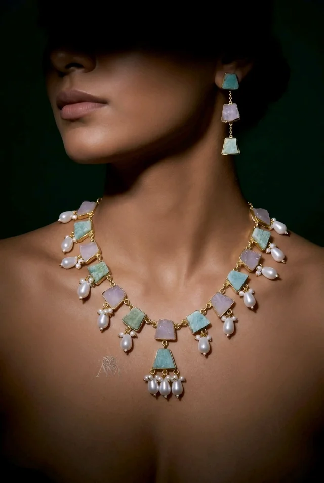 #STN07 Stone Necklace Set - Snowy Mint