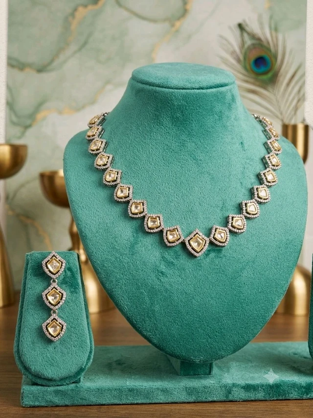 #PLK10 Polki Necklace Set - Silver