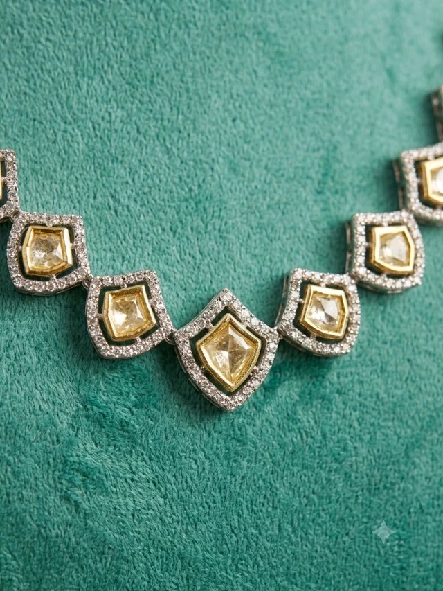 #PLK10 Polki Necklace Set - Silver