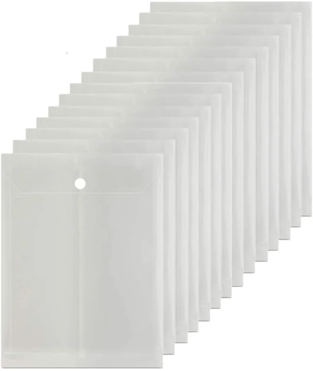 Button file 12 Pack A4/Legal Top Opening Document File Bag, Transparent Envelope Holder Storage Case, My Clear Plastic Container, Snap Button Organizer Top Button File - Transparent