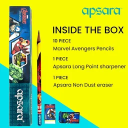 Apsara Marvel Avengers Pencil, Round Body for Strong Grip, Marvel Pencils, Avengers Pencil, Super Fun Pencils for Kids, Easy Sharpening, Extra Dark, Free Sharpener & Eraser (Pack of 10)
