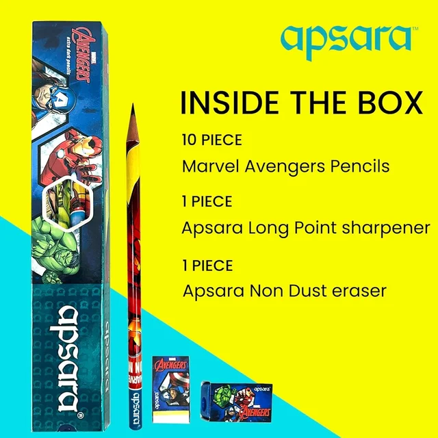 Apsara Marvel Avengers Pencil, Round Body for Strong Grip, Marvel Pencils, Avengers Pencil, Super Fun Pencils for Kids, Easy Sharpening, Extra Dark, Free Sharpener & Eraser (Pack of 10)