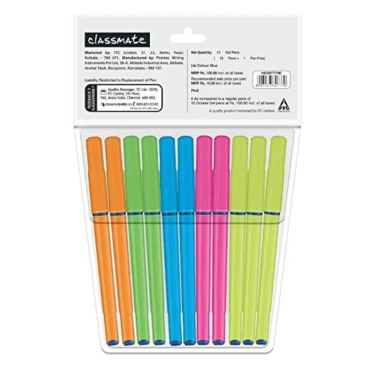 Classmate Octane Gel Pen- Neon Series (Blue)- Pack of 10 Pens + 1 Pen FREE