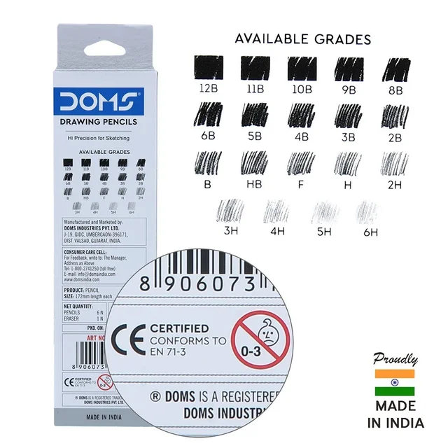Doms Drawing & Sketching Graphite Pencils - Grade HB, 2B, 4B, 6B, 8B & 10B | Hi Precision For Sketching | Dark & Neat Drawing | Comes With 1 Eraser