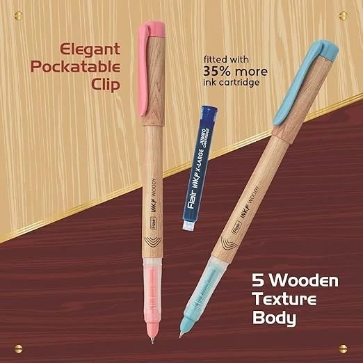 FLAIR Inky Series Woody Fountain Pen | Elegant Pockatable Clip With Aesthetic Wooden Texture Body | Blue Ink