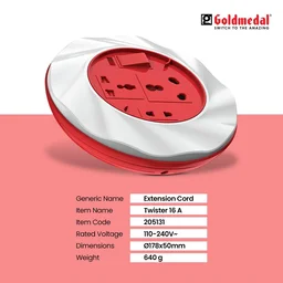 GOLDMEDAL Goldmedal Twister 16A 3-Pin Cable Extension Cord (White and Red) Pack of 1, 3.5-Meter Cable, Master Switch with Indicator, 6/16A Universal Socket, International Socket & 2 Pin Socket,250Volts