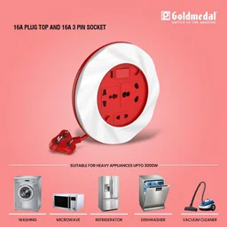 GOLDMEDAL Goldmedal Twister 16A 3-Pin Cable Extension Cord (White and Red) Pack of 1, 3.5-Meter Cable, Master Switch with Indicator, 6/16A Universal Socket, International Socket & 2 Pin Socket,250Volts