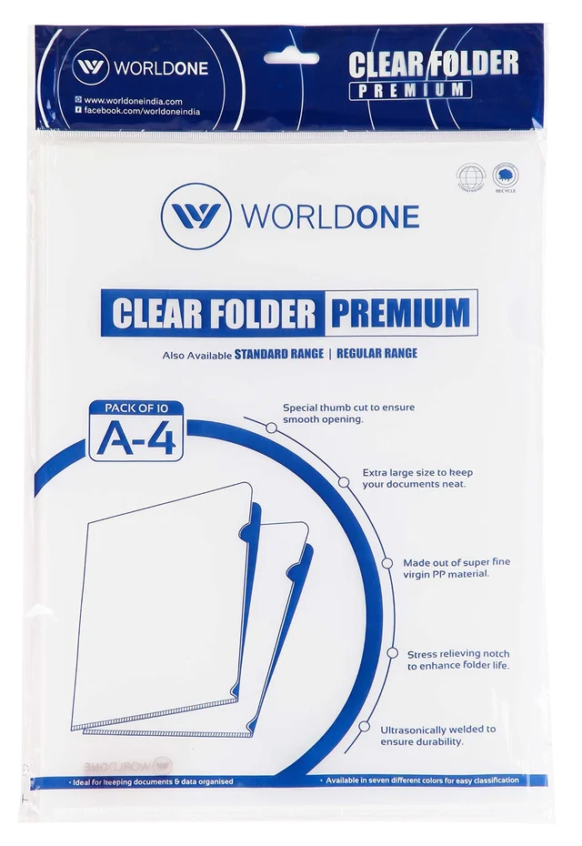 WORLDONE L-Type Transparent Document Sleeve Project Document Holder Plastic Folder for Document Paper Certificate - Pack of 10 - A4, Transparent